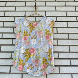 Joie 100% Linen Cap Sleeve Floral Top Blue Pink Yellow Rose Print Size S